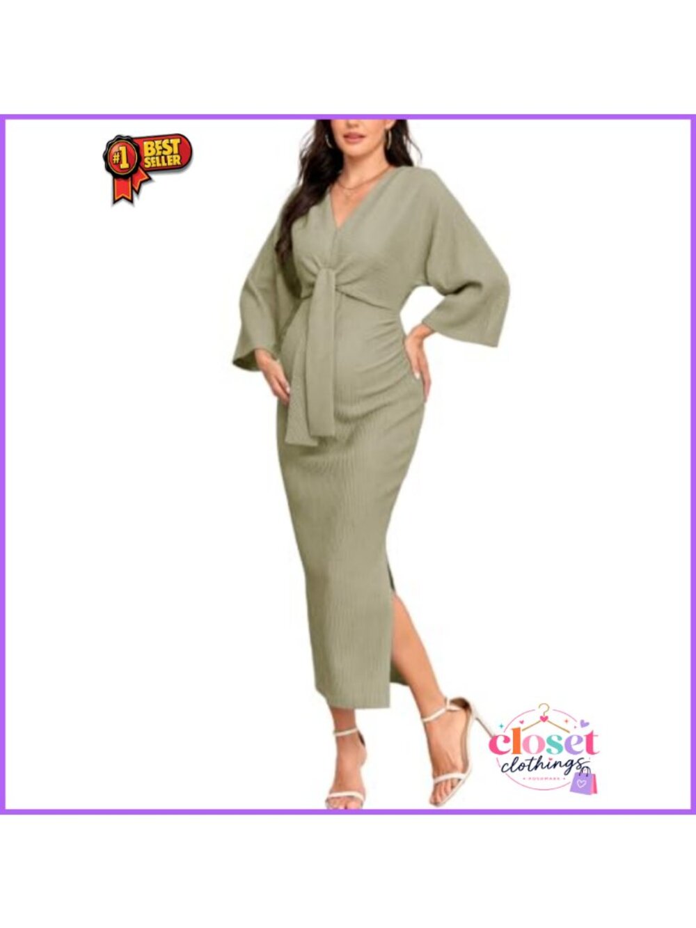 Maternity V Neck Midi Dress Front Waist Tie Side Slit Baby Shower Gown
